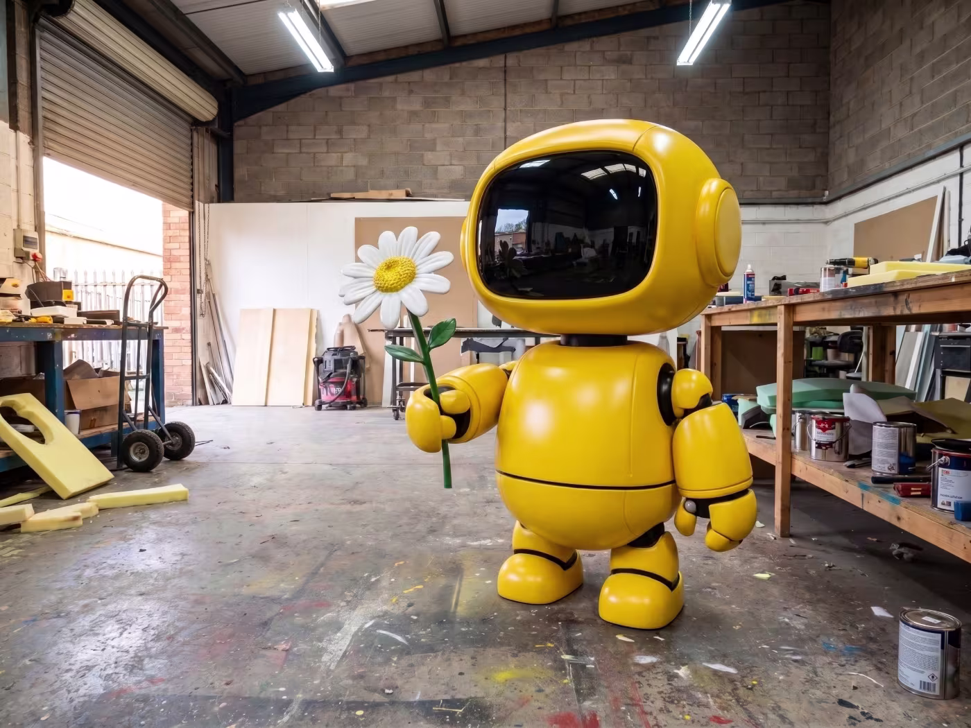 Corpóreo de una mascota robot amarilla a tamaño real, terminado en la nave de fabricación