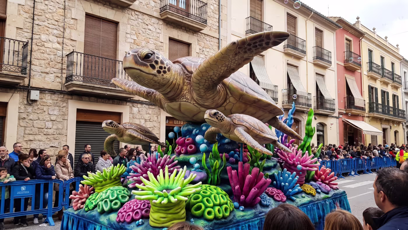 Carroza decorada con tortugas marinas de gran tamaño y un arrecife de coral, durante un desfile de fiestas