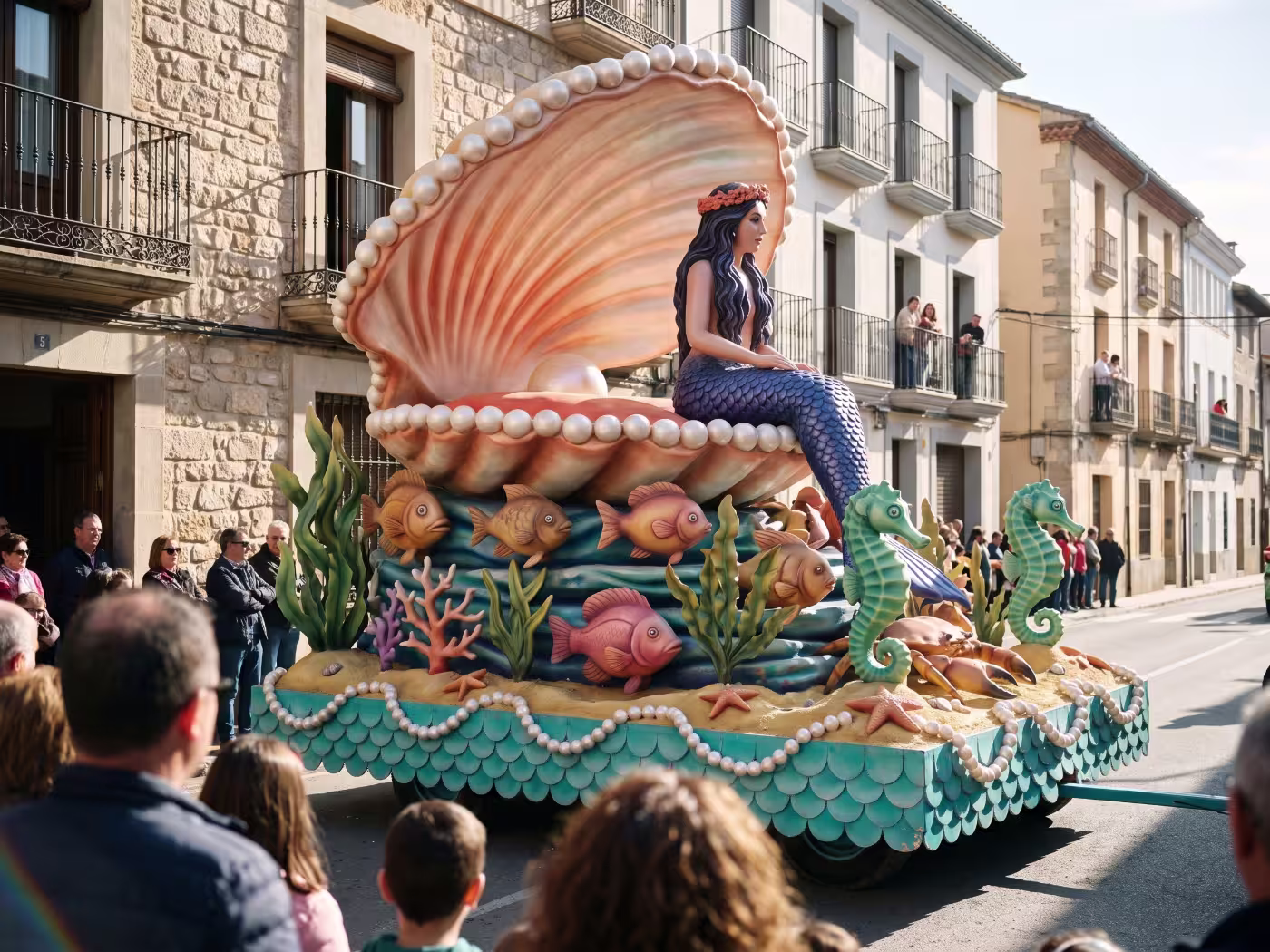 Carroza decorada con una figura de sirena sobre una concha gigante y criaturas marinas, avanzando por una calle durante una cabalgata
