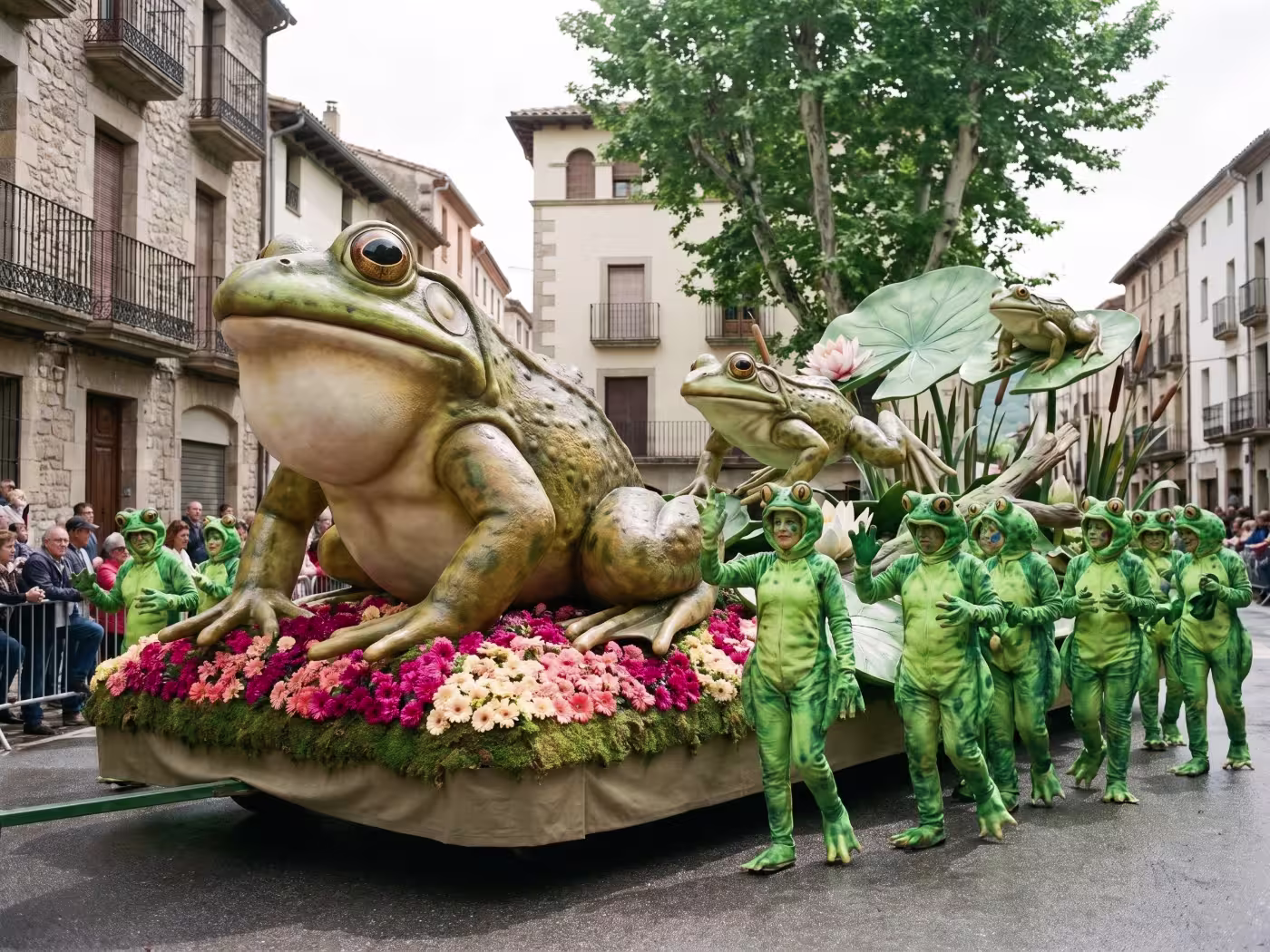 Carroza decorada con tres ranas esculpidas de gran tamaño sobre nenúfares y flores, avanzando por una calle durante un desfile