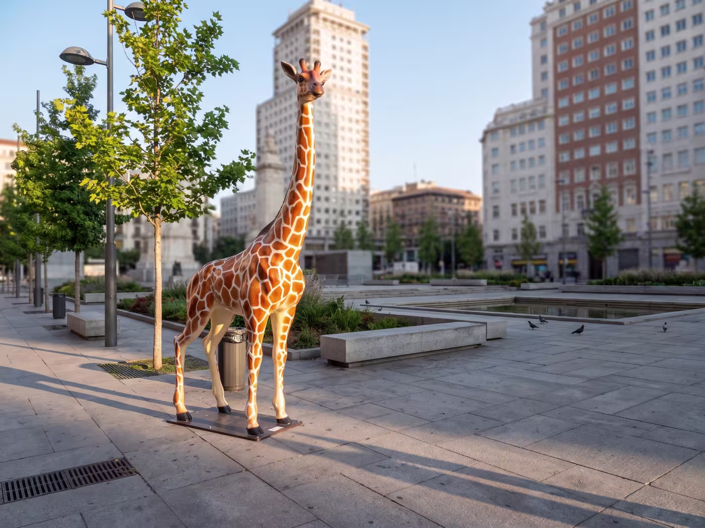 Escultura de una jirafa a tamaño real en fibra de vidrio, con acabado de poliurea, instalada en una plaza de Madrid