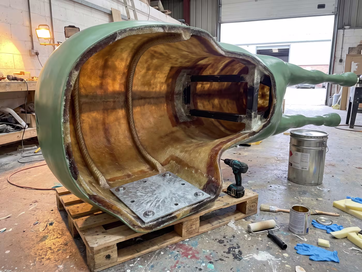 Interior de una figura de fibra de vidrio volcada en el taller, con las capas de laminado, los nervios de refuerzo y la placa base con pernos de anclaje