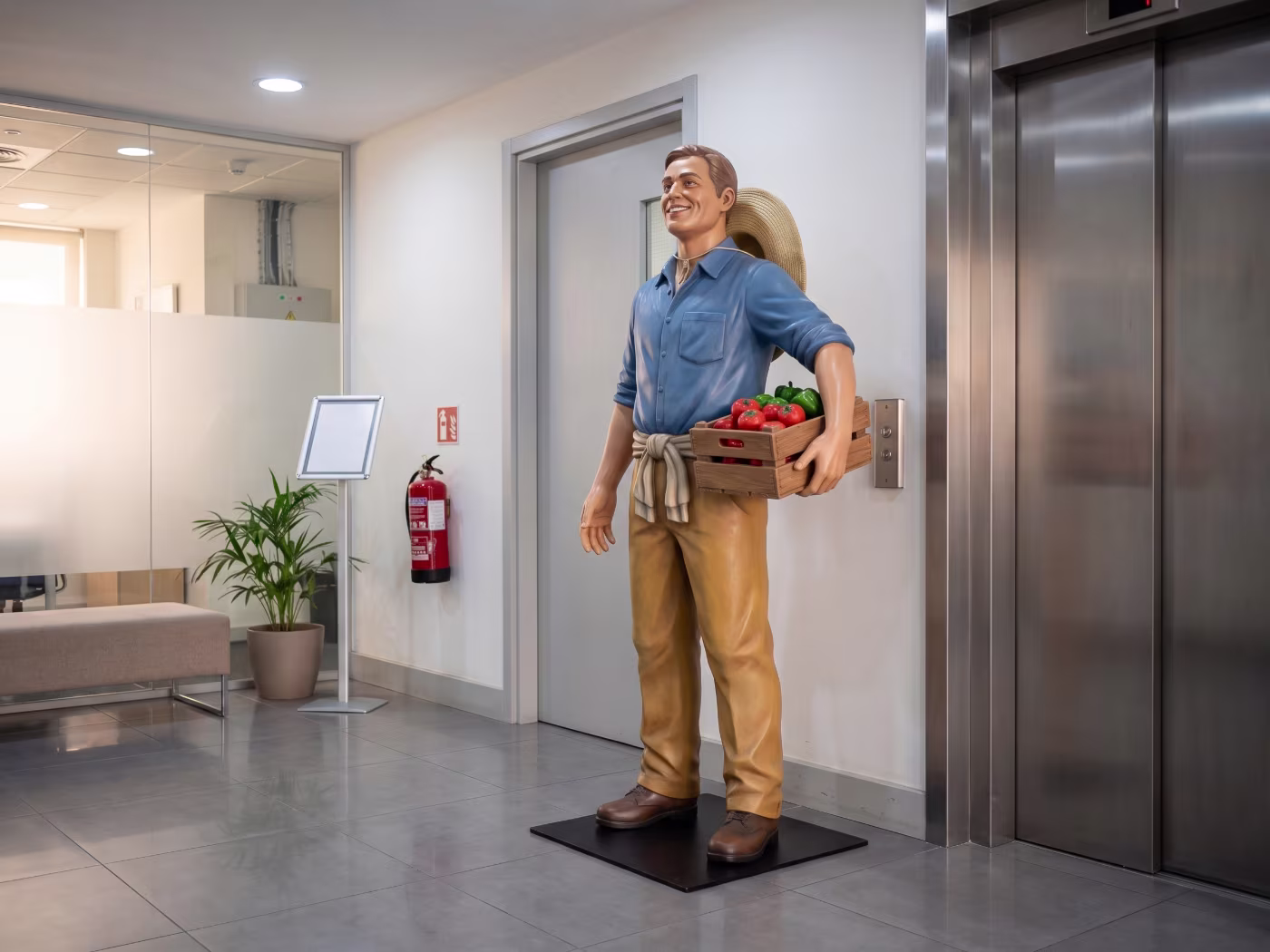 Corpóreo publicitario de una mascota de marca a tamaño real, de 1,80 metros, instalado en el descansillo de una oficina