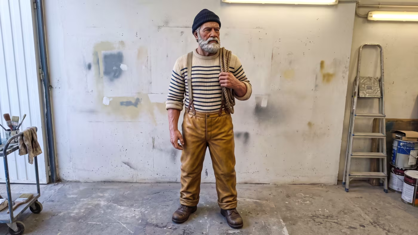 Figura de un viejo marinero a tamaño real, con acabado de modelado y pintura a mano, en la nave de fabricación