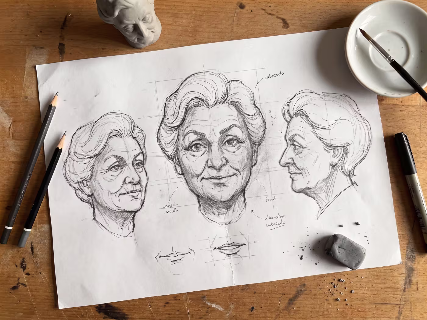 Boceto a lápiz y color de un cabezudo, con vistas de frente y de perfil, sobre la mesa del taller