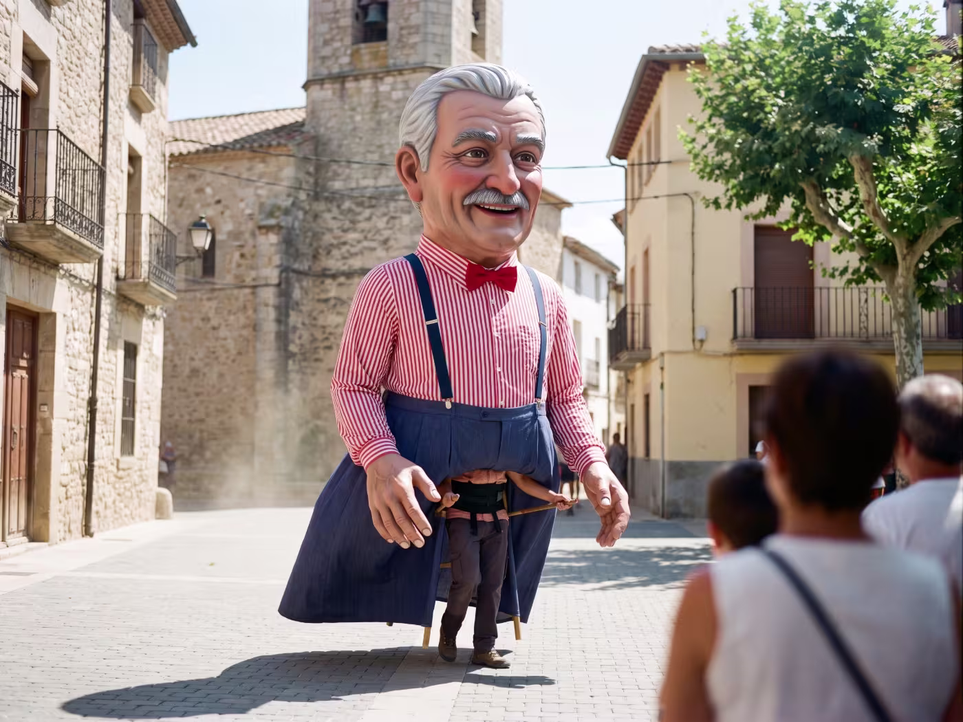 Figura de gigante con indumentaria tradicional, portada por una persona, durante las fiestas de un pueblo