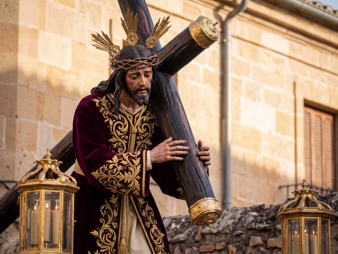 Imagen de un Cristo Nazareno a tamaño natural con la cruz al hombro, sobre su paso, durante una procesión de Semana Santa