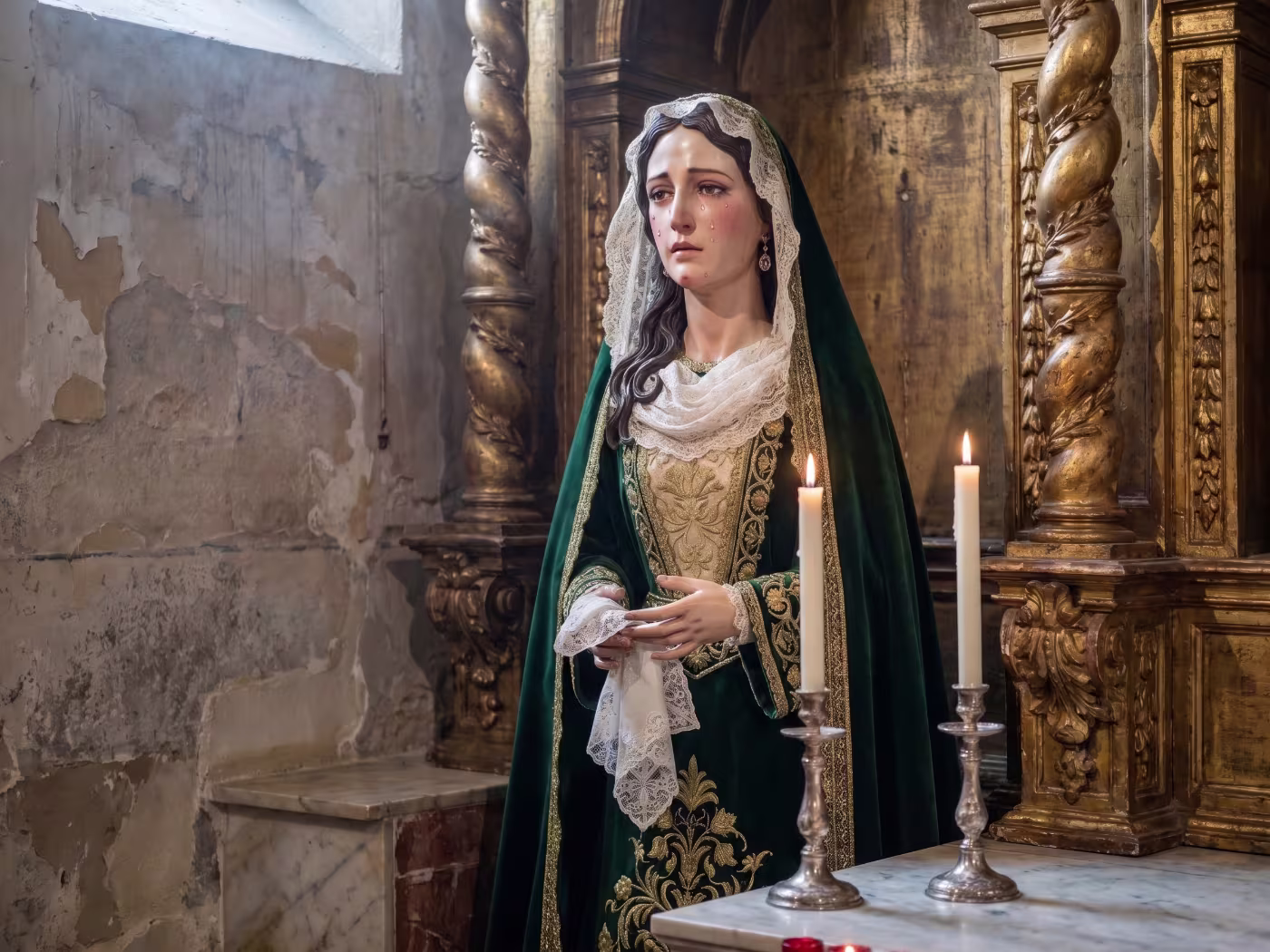 Talla de una Virgen Dolorosa a tamaño real, imagen de vestir con manto bordado y mantilla de encaje, en la capilla de una iglesia