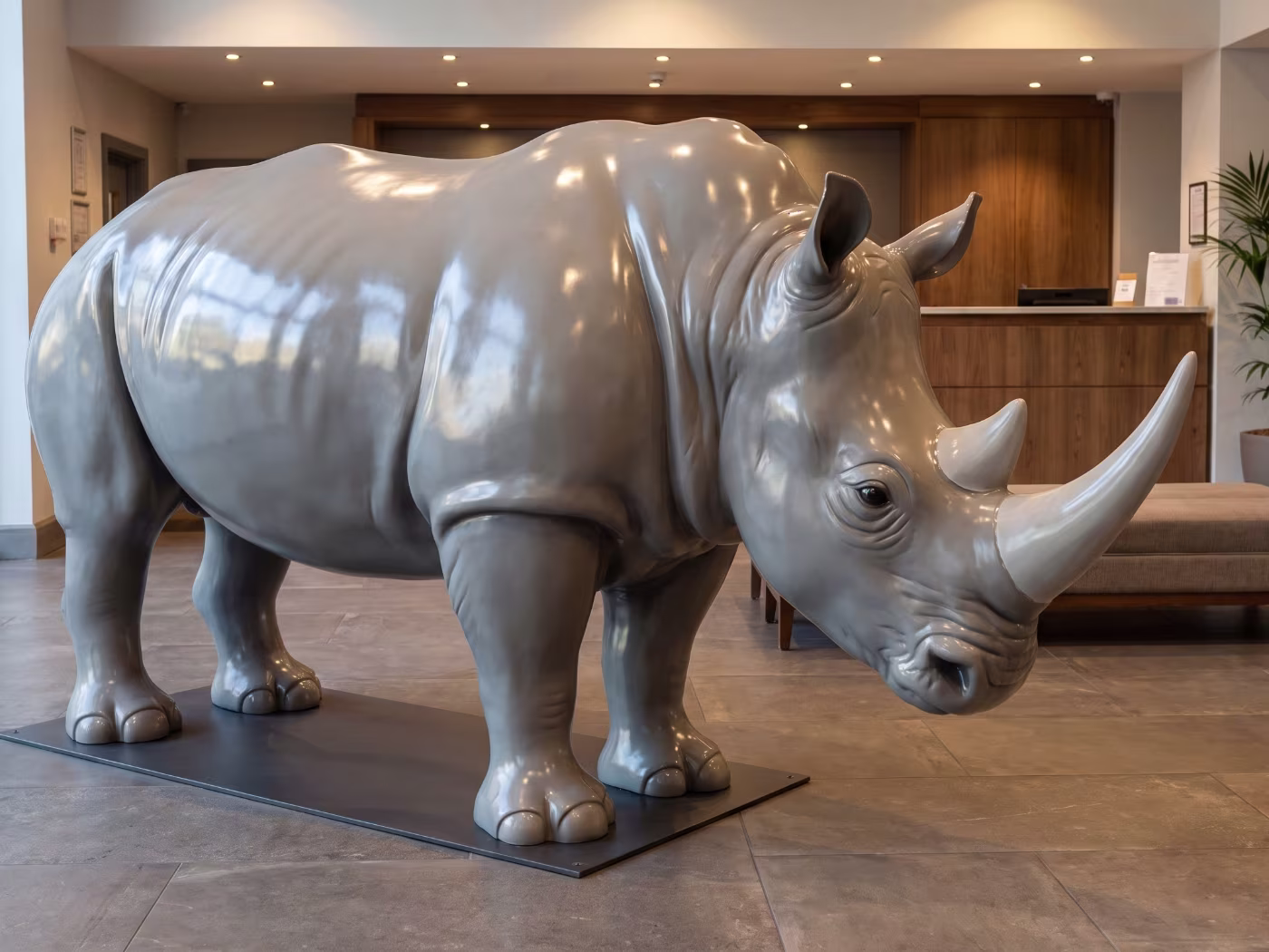 Escultura de un rinoceronte a tamaño real en resina lacada, reproducida a partir de molde, instalada en un hall