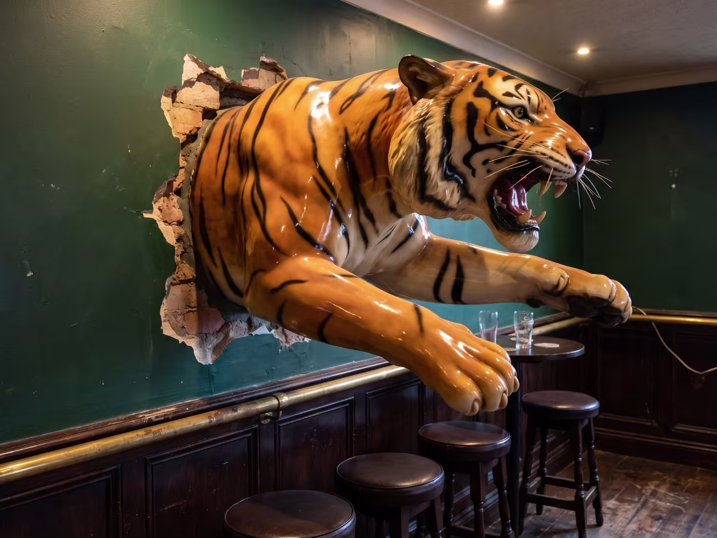 Escultura de un tigre a tamaño real en resina lacada, montada como si atravesara la pared, en el interior de un local tematizado