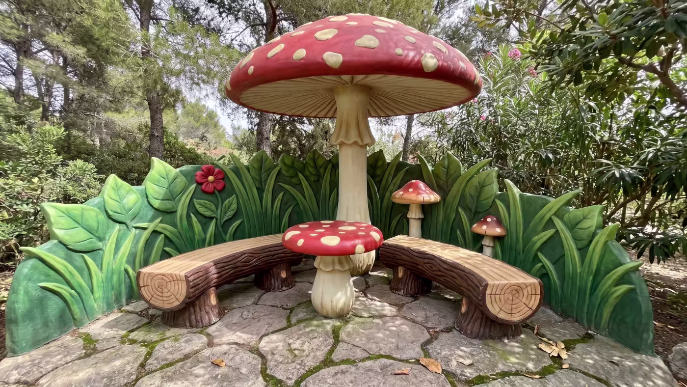 Rincón temático con una seta gigante a modo de sombrilla, mesa y bancos de tronco y un muro de vegetación artificial